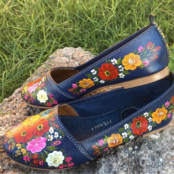 Navy Leather Flats Handpainted - Picture 2 of 5